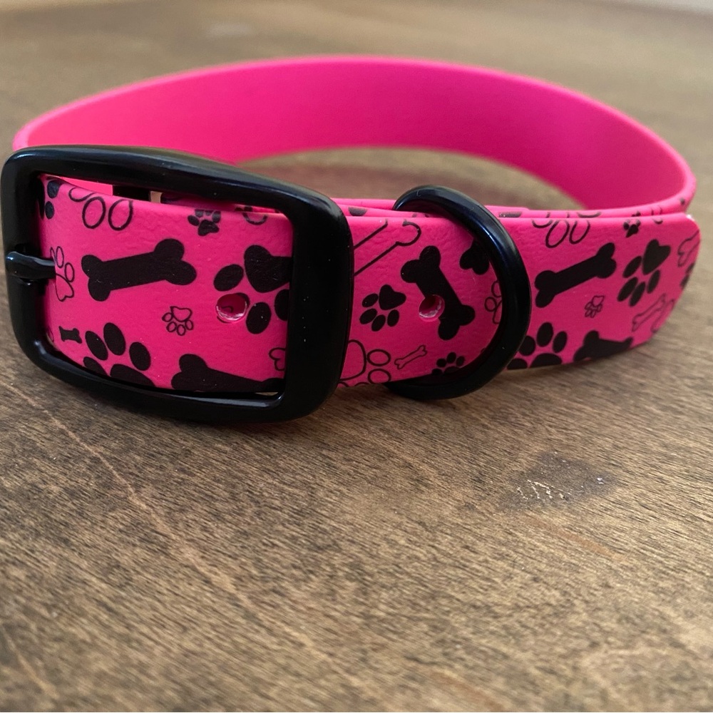 Hot pink biothane dog collar with bone and paw print in black Handcrafted NWT
